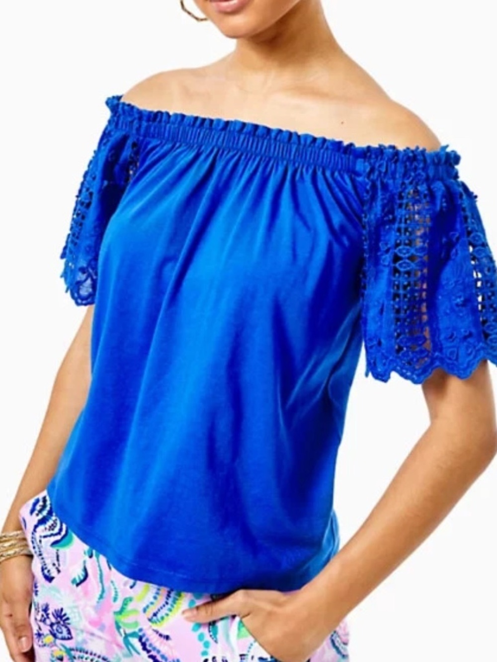Lilly Pulitzer FAYETTE TOP Off The Shoulder Baha Blue Eyelet Sleeve Large